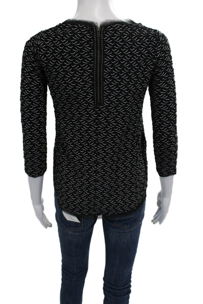 Anthropologie Women Black Geometric Round Neck Zip Blouse 3/4 Sleeve Size XS