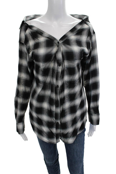 Bailey 44 Women Black Plaid Button-Up Long Sleeve Rayon Linen Top 90s Size M