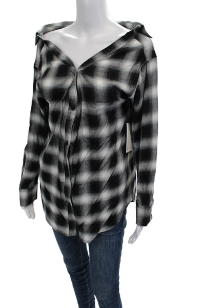 Bailey 44 Women Black Plaid Button-Up Long Sleeve Rayon Linen Top 90s Size M