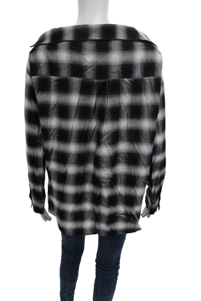Bailey 44 Women Black Plaid Button-Up Long Sleeve Rayon Linen Top 90s Size M