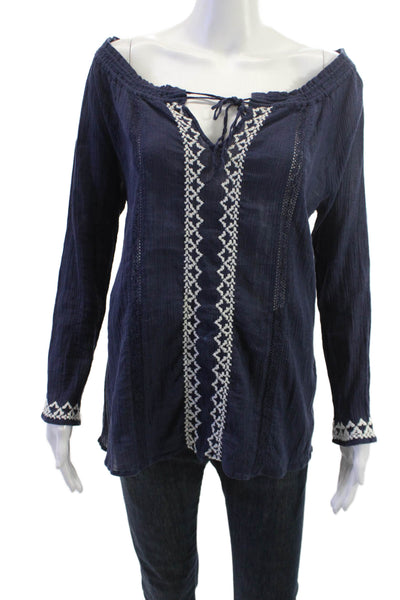 Soft Joie Womens Tunic Blouse Dark Blue Geometric Cotton Long Sleeve Size XS