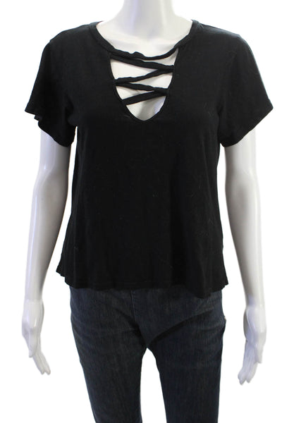 LNA Women Black Lace Up Cotton Short Sleeve Basic T-Shirt Size S