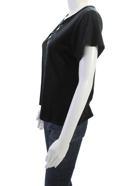 LNA Women Black Lace Up Cotton Short Sleeve Basic T-Shirt Size S