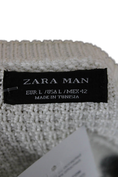Zara Man Mens White Striped Cotton Pullover Sweater Long Sleeve Size L