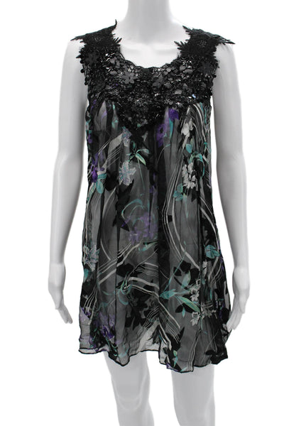 Tracy Reese Women Black Floral Cotton Shift Dress V-Neck Short Petite Size XS