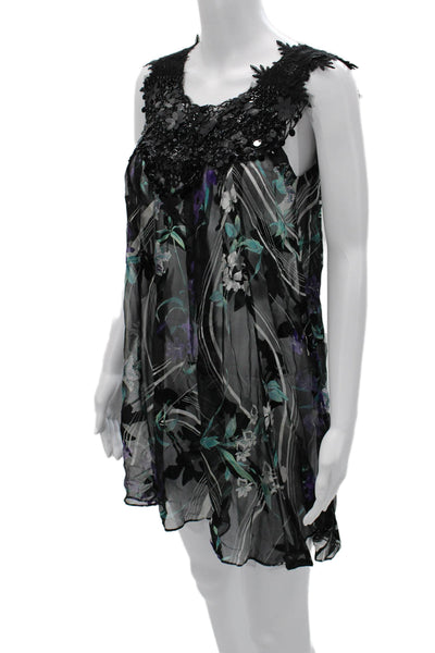 Tracy Reese Women Black Floral Cotton Shift Dress V-Neck Short Petite Size XS