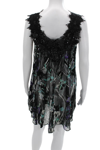 Tracy Reese Women Black Floral Cotton Shift Dress V-Neck Short Petite Size XS