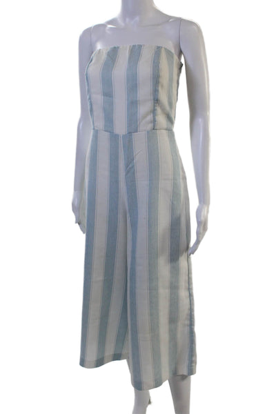 Lumiere Women Striped Off Shoulder Sleeveless Jumpsuit Romper Light Blue Size S