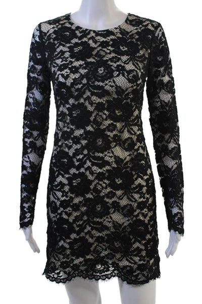 Theory Women Bodycon Mini Dress Black Floral Long Sleeve Round Neck Zip Size 2