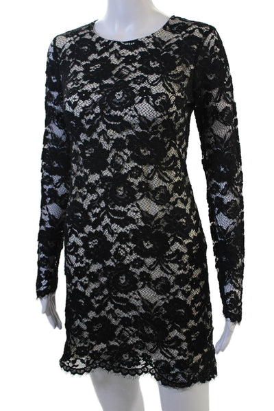 Theory Women Bodycon Mini Dress Black Floral Long Sleeve Round Neck Zip Size 2