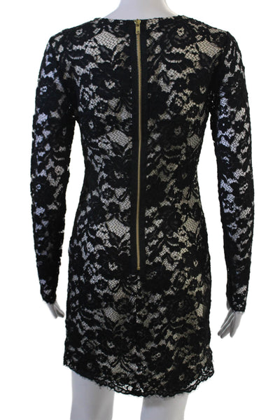 Theory Women Bodycon Mini Dress Black Floral Long Sleeve Round Neck Zip Size 2