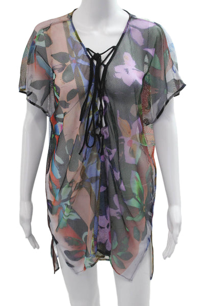 Clover Canyon Womens Multi Floral V-Neck Short Sleeve Tunic Beach Size M
