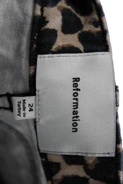 Reformation Women Beige Leopard Cotton Button Pants Size 24