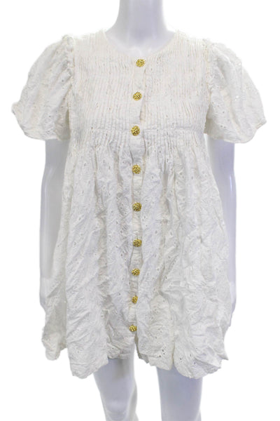 English Factory Women Shirt Dress White Cotton Short Sleeve Bohemian Size XS