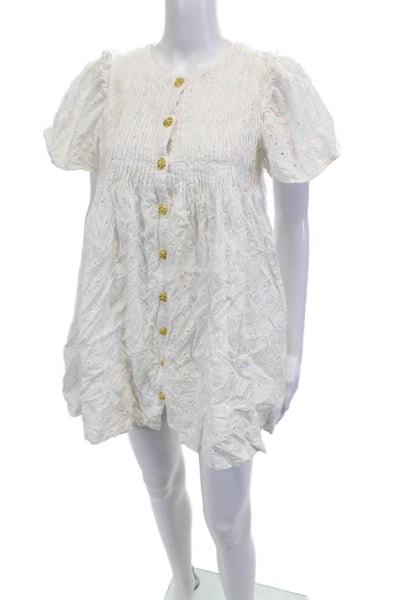 English Factory Women Shirt Dress White Cotton Short Sleeve Bohemian Size XS