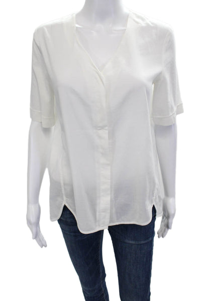 Theory Womens Basic White V-Neck Short Sleeve Blouse Viscose Petite Size S