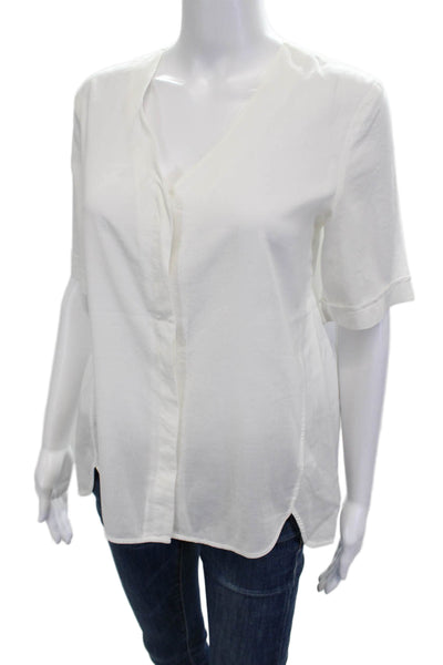 Theory Womens Basic White V-Neck Short Sleeve Blouse Viscose Petite Size S