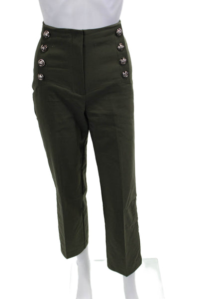 MNG Women Cropped Ankle Pants Army Green Cotton Blend Button Size 4