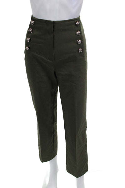 MNG Women Cropped Ankle Pants Army Green Cotton Blend Button Size 4
