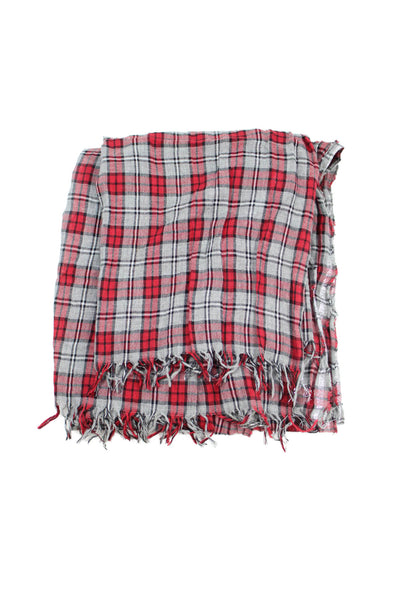 J Crew Womens Cotton Plaid Print Fringed Scarf Gray 70" x 35"