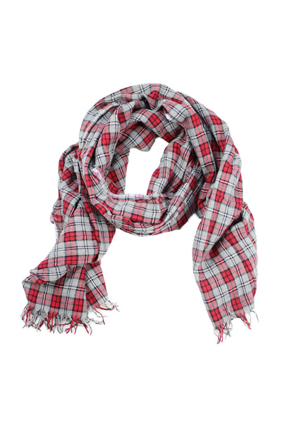 J Crew Womens Cotton Plaid Print Fringed Scarf Gray 70" x 35"