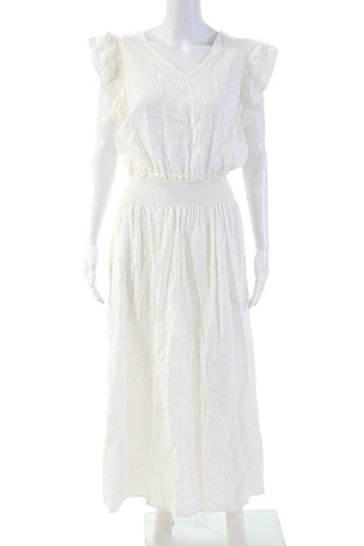 Aura Womens Maxi Sundress White Linen Cotton V Neck Button Size XS