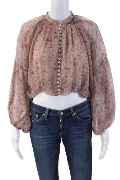 Zara Womens Cropped Paisley Button Up Blouse High Neck Long Sleeve Beige Size S