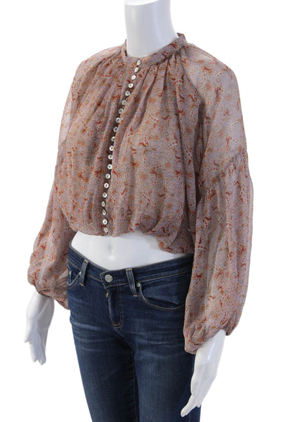 Zara Womens Cropped Paisley Button Up Blouse High Neck Long Sleeve Beige Size S