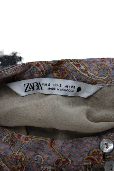 Zara Womens Cropped Paisley Button Up Blouse High Neck Long Sleeve Beige Size S