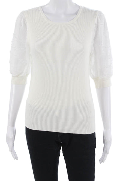 Tahari Women White Round Neck 3/4 Sleeve Designer Blouse Rayon Nylon Size L