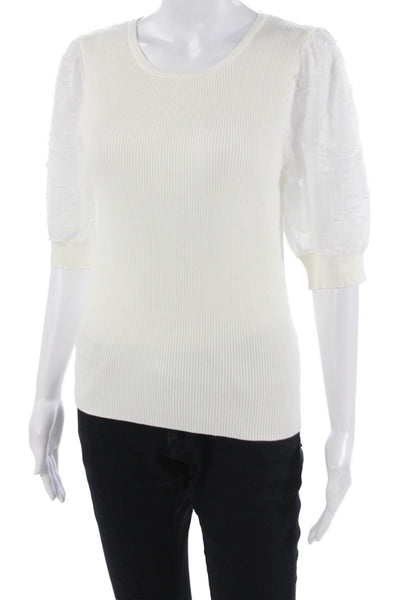 Tahari Women White Round Neck 3/4 Sleeve Designer Blouse Rayon Nylon Size L