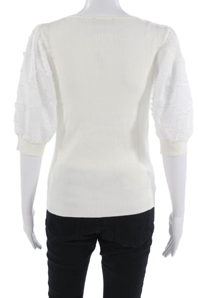 Tahari Women White Round Neck 3/4 Sleeve Designer Blouse Rayon Nylon Size L