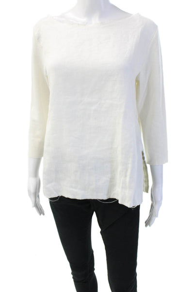 Majestic Filatures Women Basic Round Neck 3/4 Sleeve White Linen Top Size 4