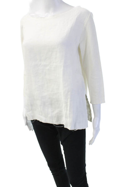 Majestic Filatures Women Basic Round Neck 3/4 Sleeve White Linen Top Size 4