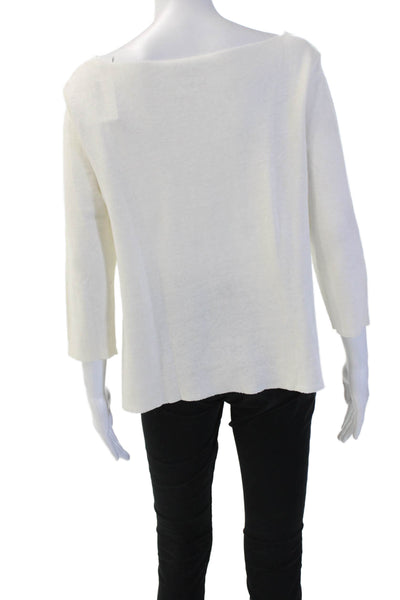 Majestic Filatures Women Basic Round Neck 3/4 Sleeve White Linen Top Size 4