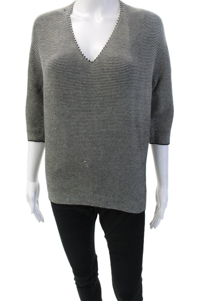 Uniqlo Unisex Black V-Neck Striped Cotton Pullover Sweater 3/4 Sleeve Size XS