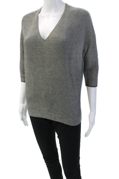 Uniqlo Unisex Black V-Neck Striped Cotton Pullover Sweater 3/4 Sleeve Size XS