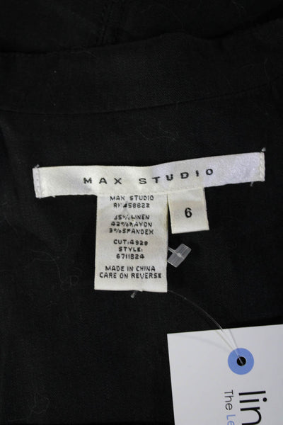 Max Studio Womens Black V-Neck Button Blazer Long Sleeve Linen Rayon Size 6