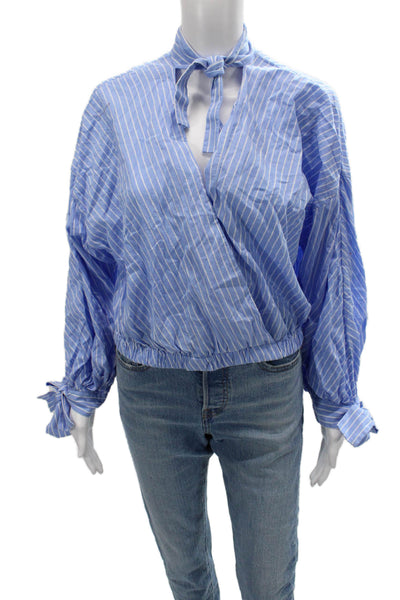 Fame and Partners Women Striped High Neck Tie Blouse Long Sleeve Size 4