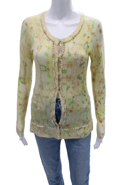 Zac Posen Women Floral Yellow Wool Blend Long Sleeve Round Neck Cardigan Size S