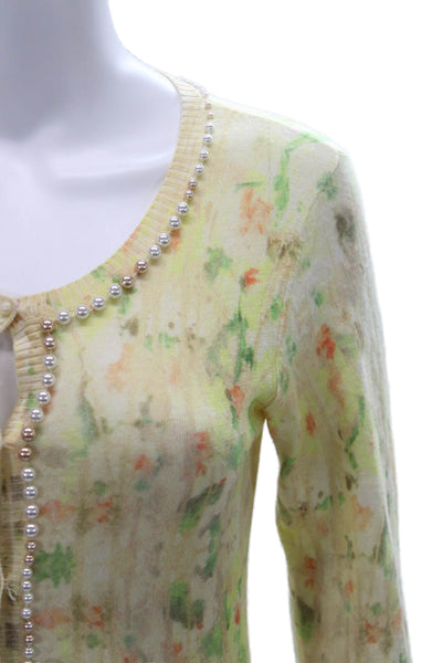Zac Posen Women Floral Yellow Wool Blend Long Sleeve Round Neck Cardigan Size S