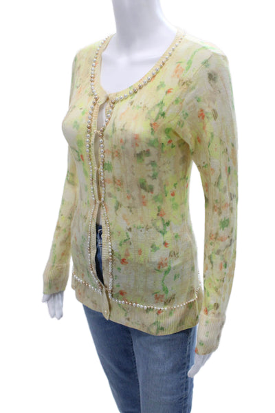 Zac Posen Women Floral Yellow Wool Blend Long Sleeve Round Neck Cardigan Size S