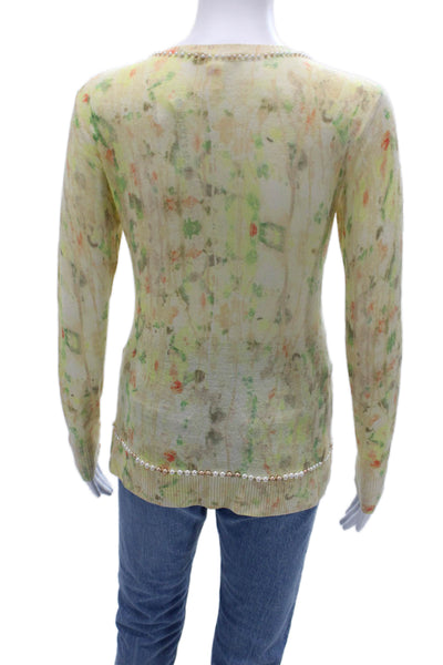 Zac Posen Women Floral Yellow Wool Blend Long Sleeve Round Neck Cardigan Size S