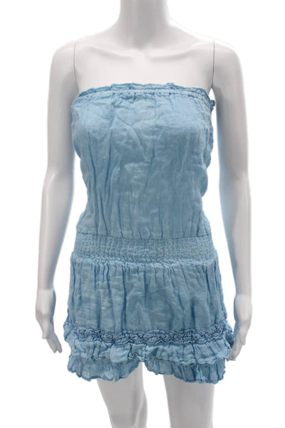 Temptation Positano Womens Romper Strapless Light Blue Linen Mini Size M