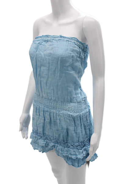 Temptation Positano Womens Romper Strapless Light Blue Linen Mini Size M