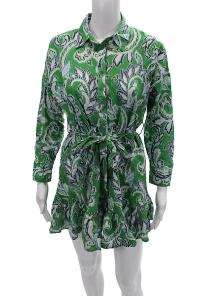 Zara Women Green Paisley Collared Shirt Dress Long Sleeve Cotton Mini Size S