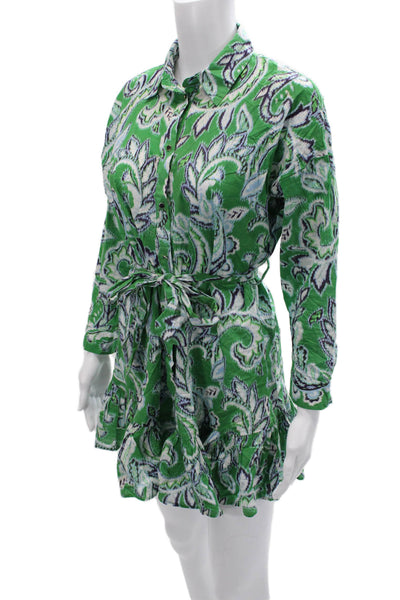 Zara Women Green Paisley Collared Shirt Dress Long Sleeve Cotton Mini Size S