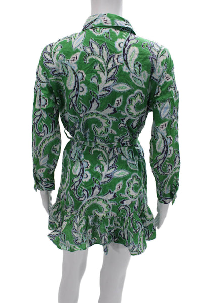 Zara Women Green Paisley Collared Shirt Dress Long Sleeve Cotton Mini Size S