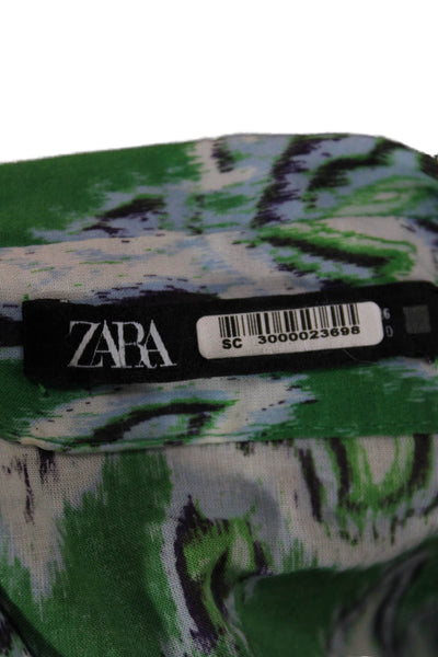 Zara Women Green Paisley Collared Shirt Dress Long Sleeve Cotton Mini Size S