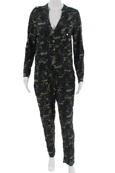 Melissa Odabash Womens Black Camo V Neck Long Sleeve Jumpsuit Size XS